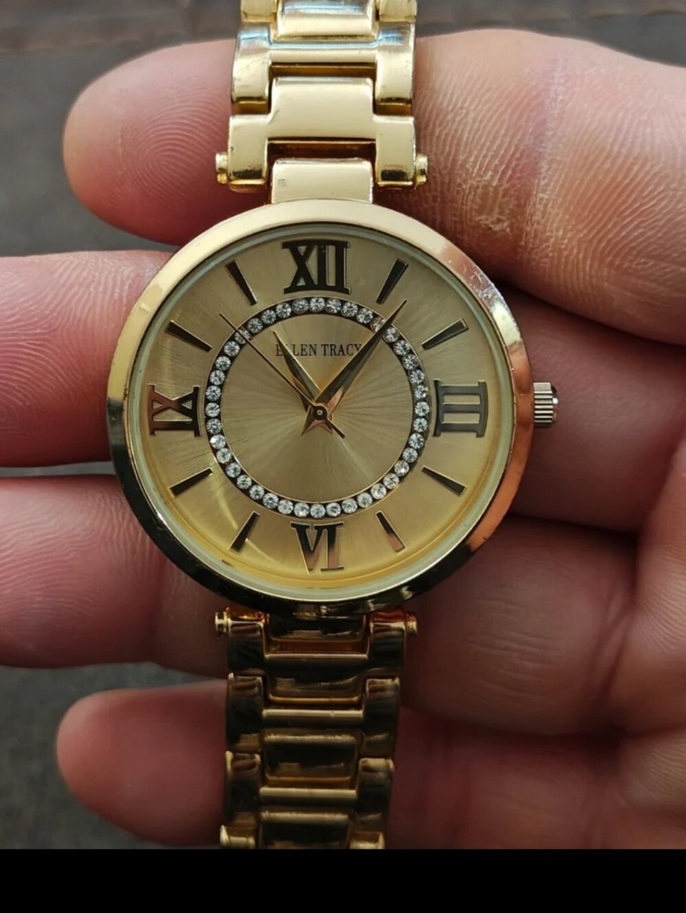 Ellen Tracy Roman Numerals Gold Dial With Crystal Accents Ladies Watch.